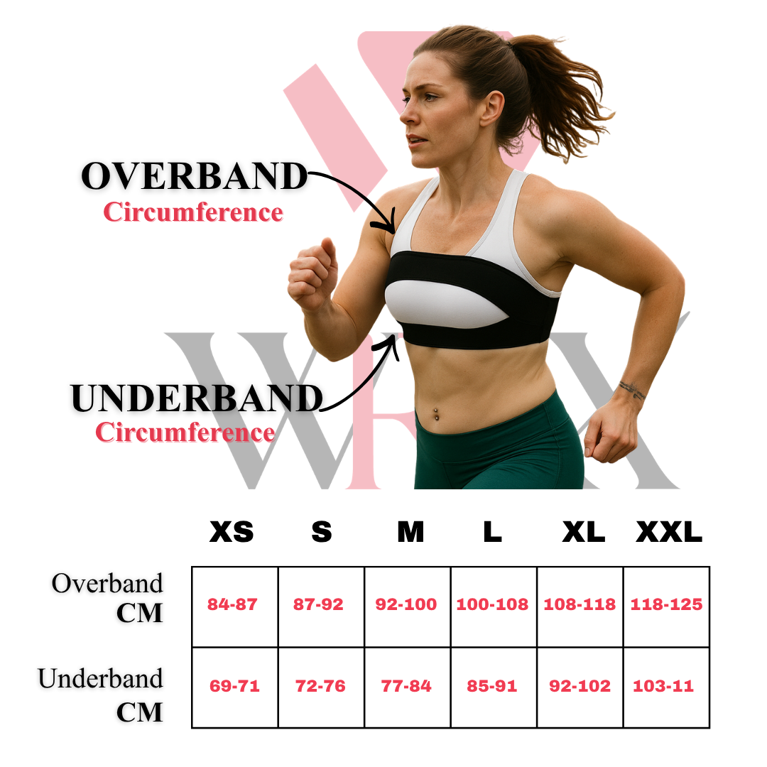 WRAX Max sizing chart in centimeters for selecting the correct bounce control harness size for women seeking better support during high-impact exercise.