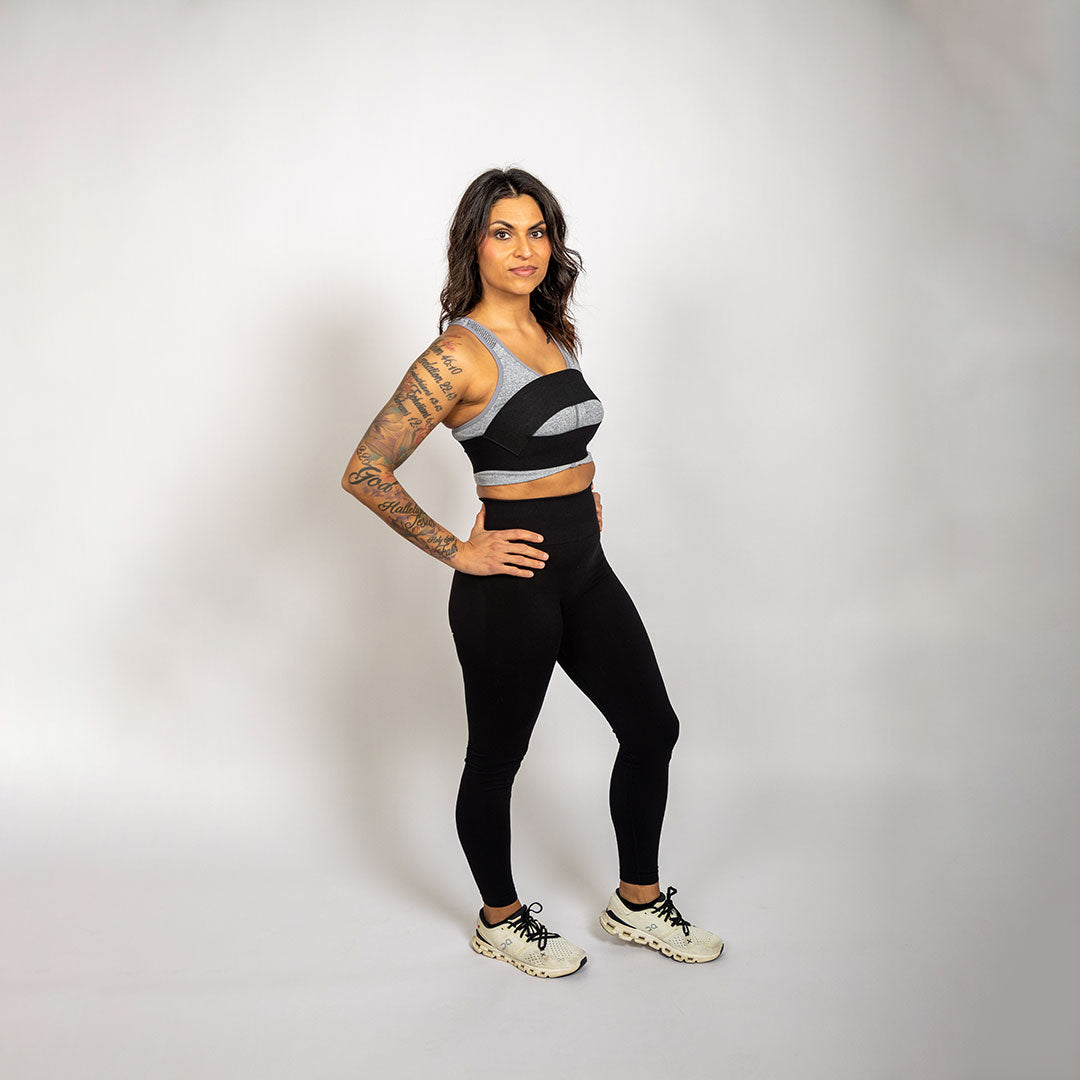 Athlete demonstrating the WRAX Rebel patented bounce control system for women seeking better support during high-impact movement.